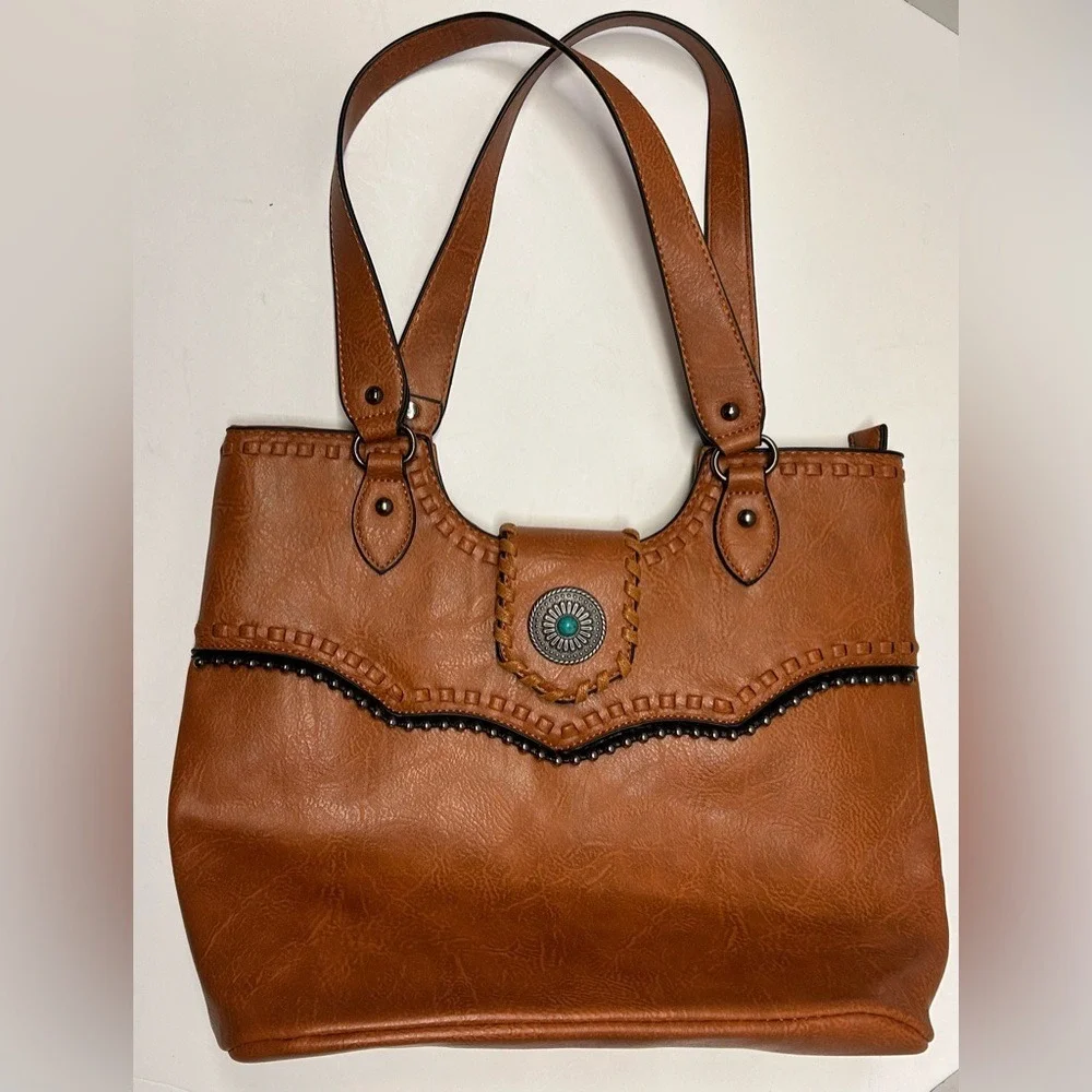 Sam & HadleyWestern Cognac Faux Leather Shoulder Bag Turquoise Whipstitch Tote